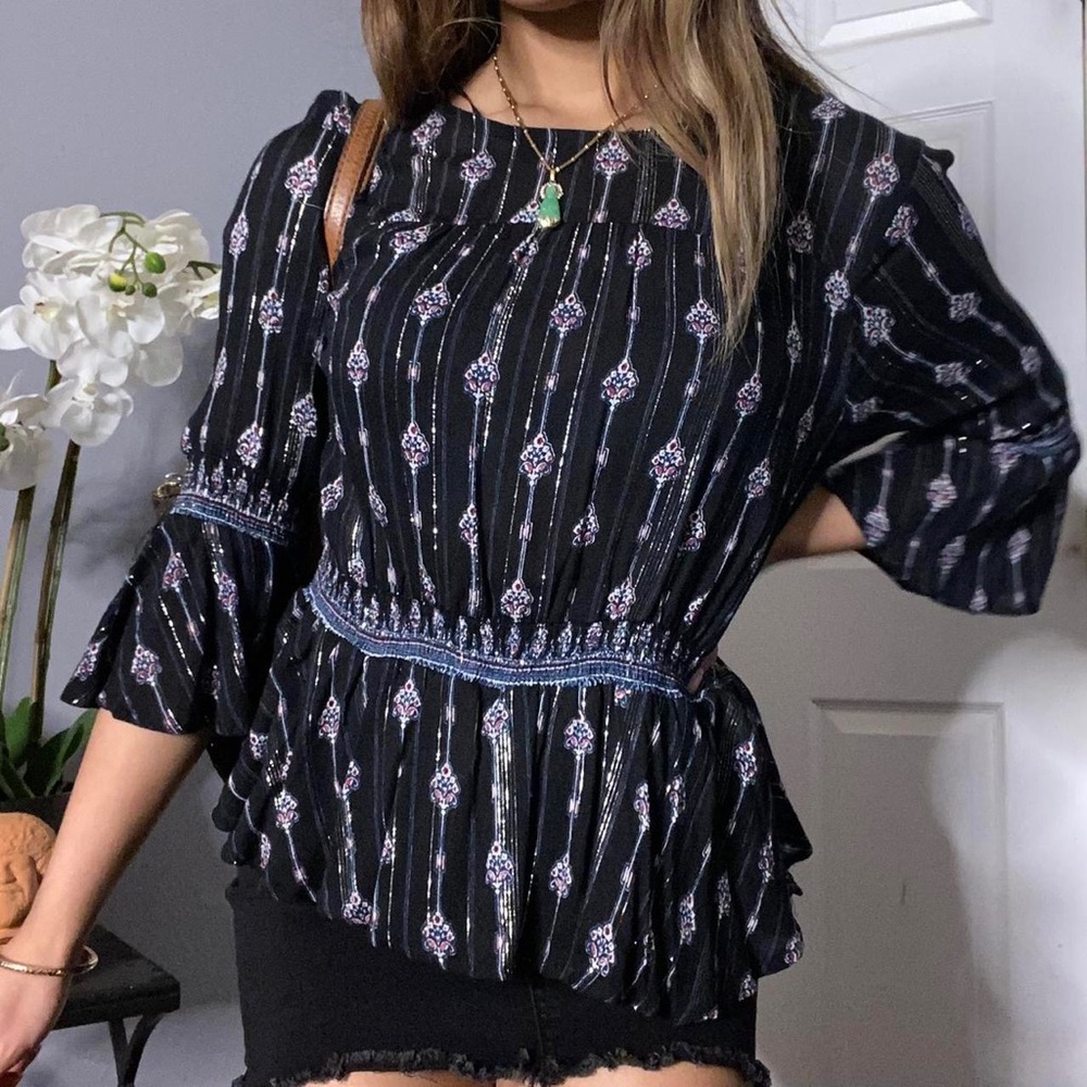 Francesca’s Blue Rain - Dark Navy & Silver 3/4 Bell Sleeve Peplum Blouse Top